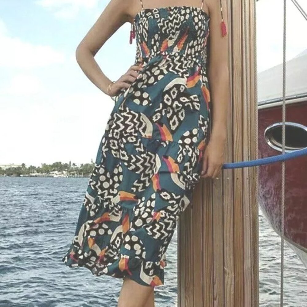 NWT Farm Rio for Anthropologie smocked toucan dress with beaded tassel straps